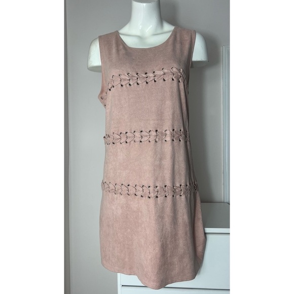 Missguided Mauve Pink Faux Suede Braided Lace Up Mini Shift Dress Size 12 Large - Picture 3 of 9